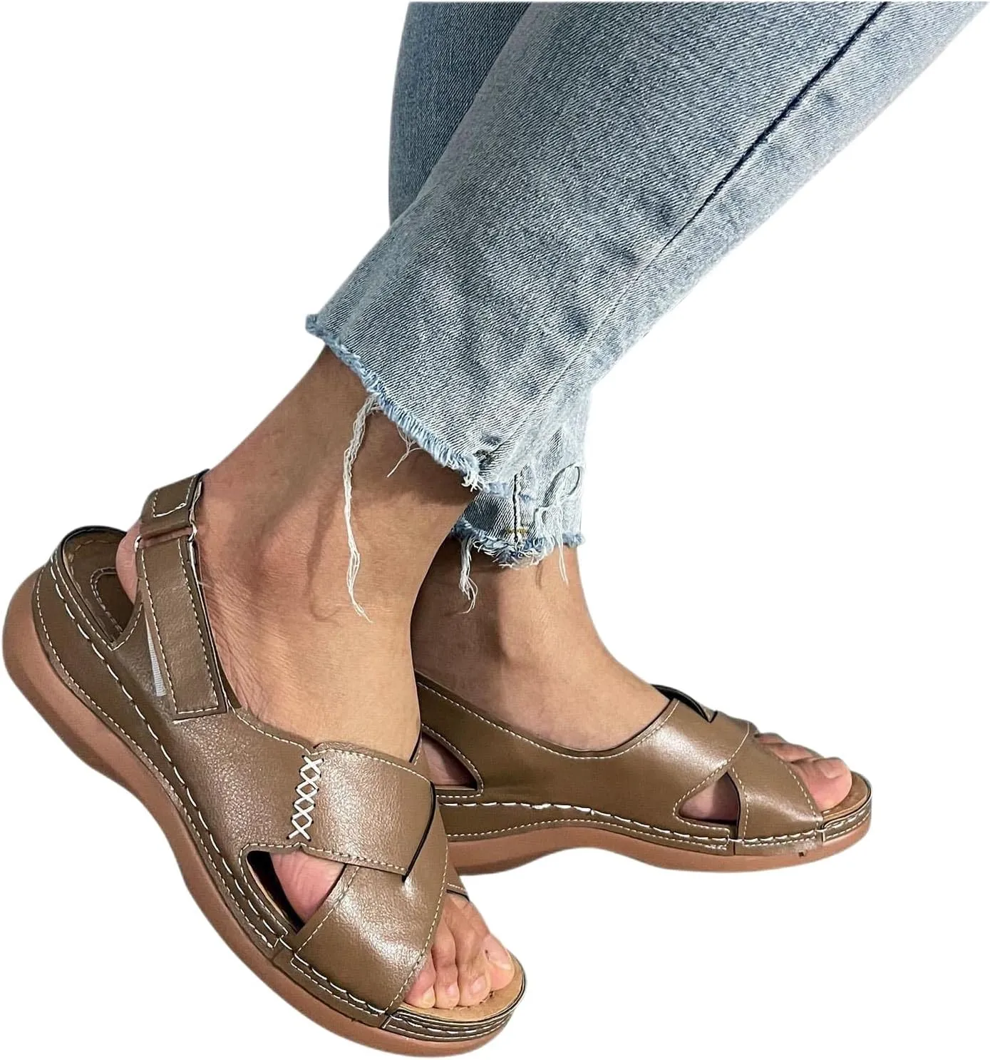 Women Comfortable Wedge Sandals Summer Dressy Orthopedic Open Toe All-Match Shoes Soft Leather Slip On Sandals Fashion Cross Strappy with Adjustable Back Ankle Strap Sandal