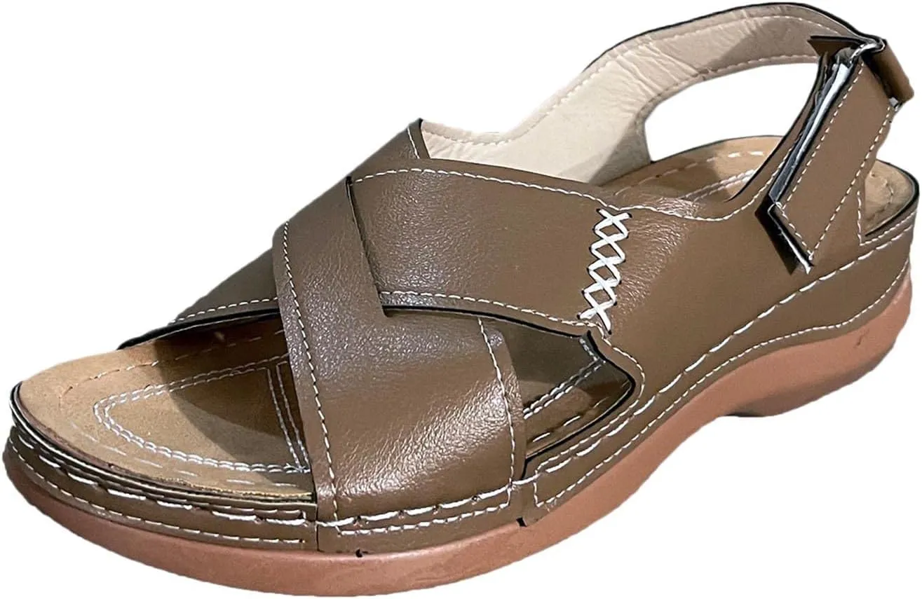 Women Comfortable Wedge Sandals Summer Dressy Orthopedic Open Toe All-Match Shoes Soft Leather Slip On Sandals Fashion Cross Strappy with Adjustable Back Ankle Strap Sandal