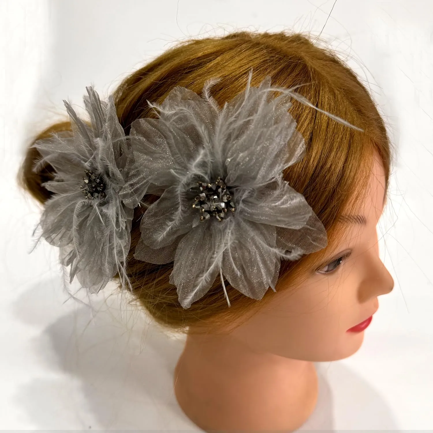 Women's Brooches 4pcs Organza Flower Feather Hair Clip Dancer Pin up Mexican Hair Flowers Clips Hairpin Brooch Tea Party Hats Headpieces Cotume Decor (gray)