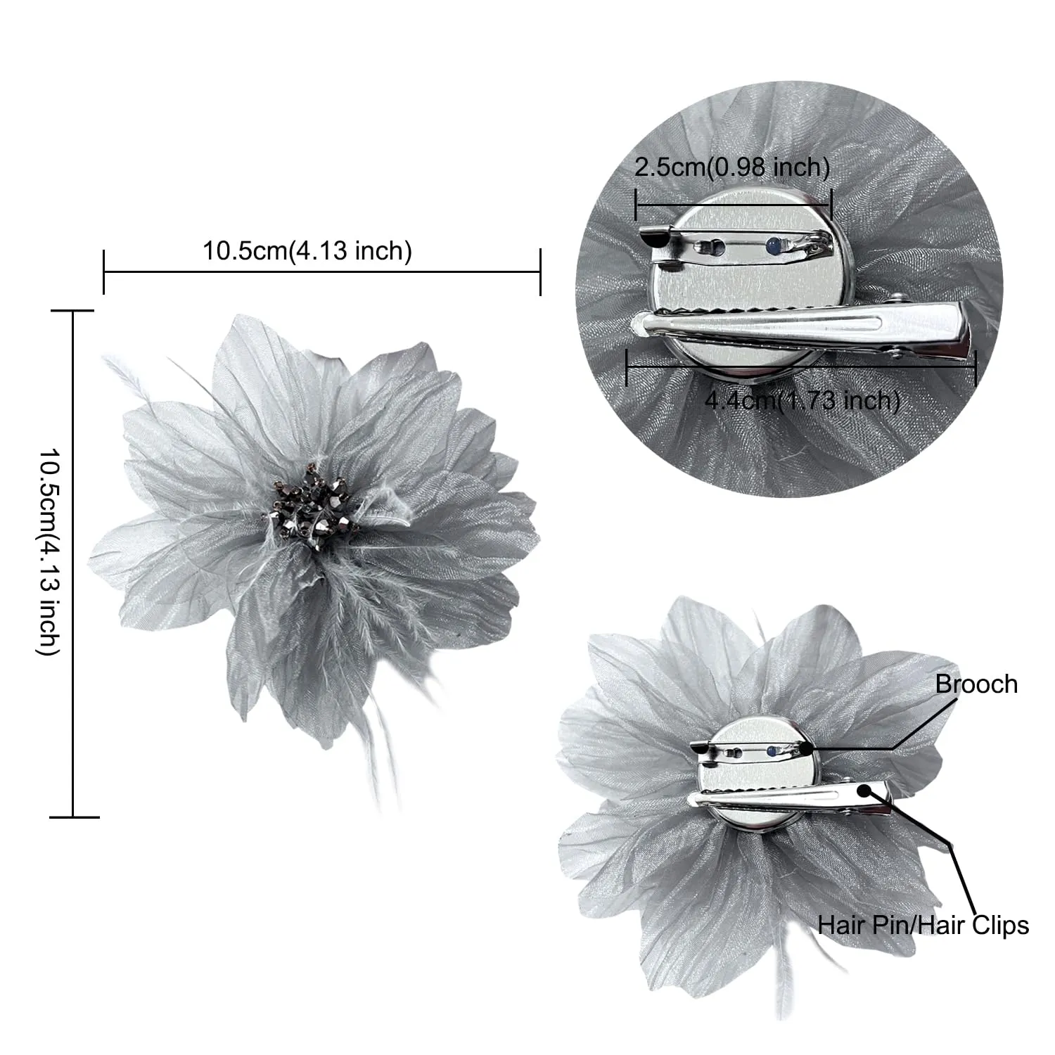 Women's Brooches 4pcs Organza Flower Feather Hair Clip Dancer Pin up Mexican Hair Flowers Clips Hairpin Brooch Tea Party Hats Headpieces Cotume Decor (gray)