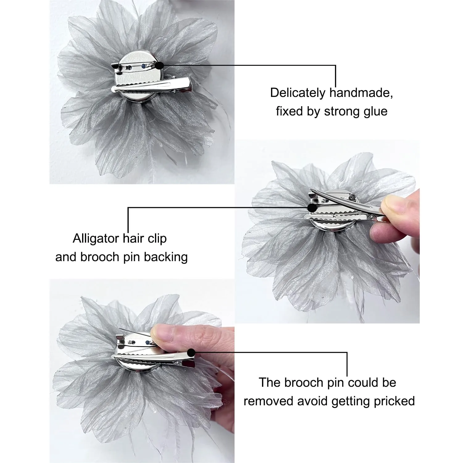 Women's Brooches 4pcs Organza Flower Feather Hair Clip Dancer Pin up Mexican Hair Flowers Clips Hairpin Brooch Tea Party Hats Headpieces Cotume Decor (gray)