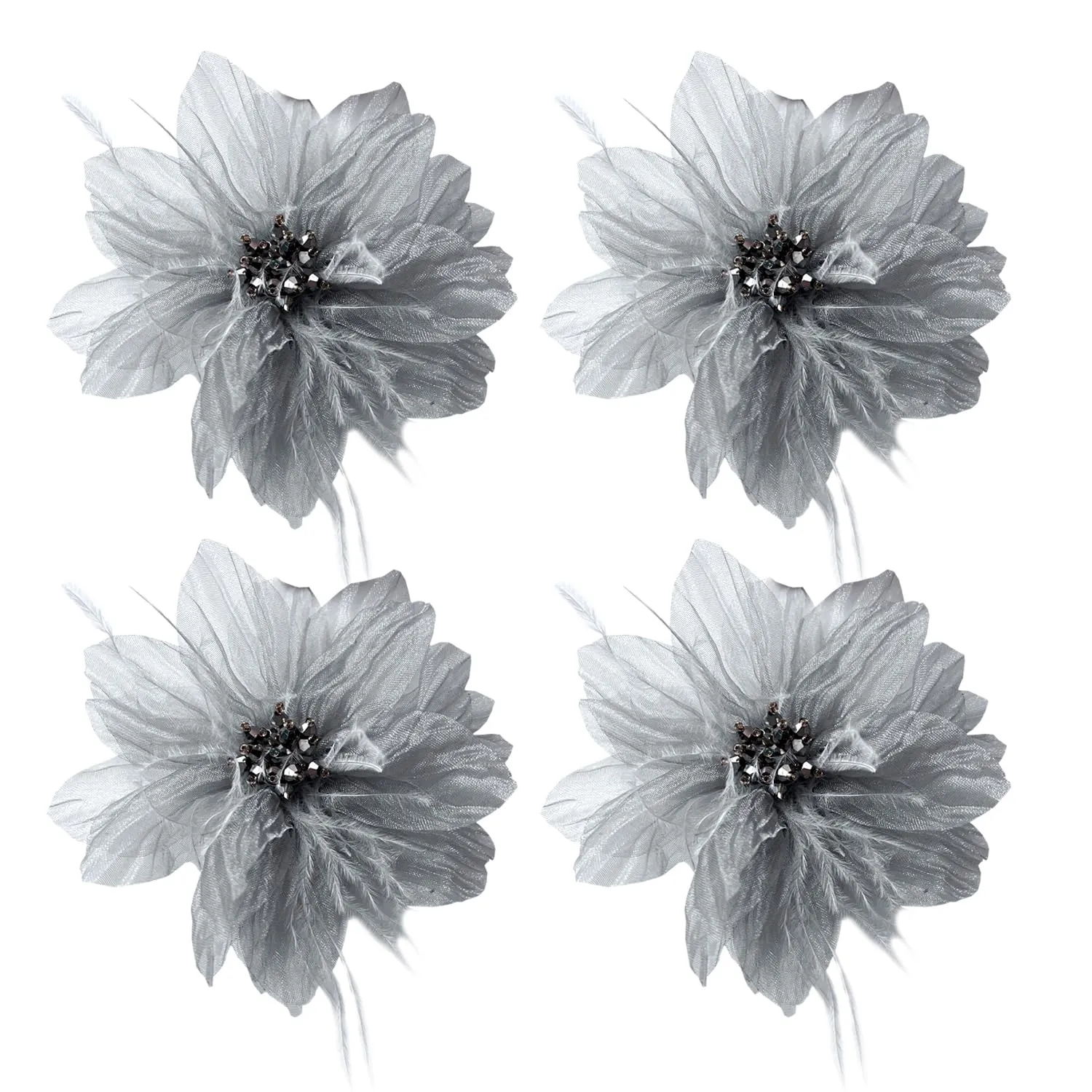 Women's Brooches 4pcs Organza Flower Feather Hair Clip Dancer Pin up Mexican Hair Flowers Clips Hairpin Brooch Tea Party Hats Headpieces Cotume Decor (gray)