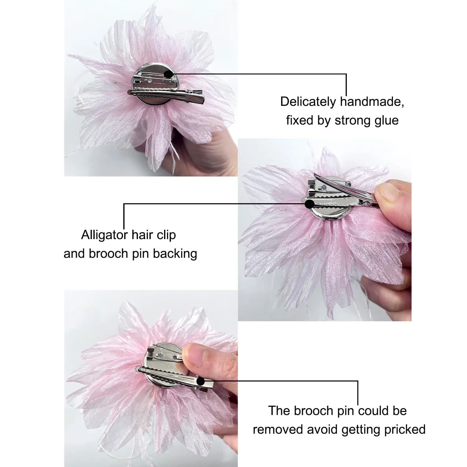 Women's Brooches 4pcs Organza Flower Feather Hair Clip Dancer Pin up Mexican Hair Flowers Clips Hairpin Brooch Tea Party Hats Headpieces Cotume Decor (pink)