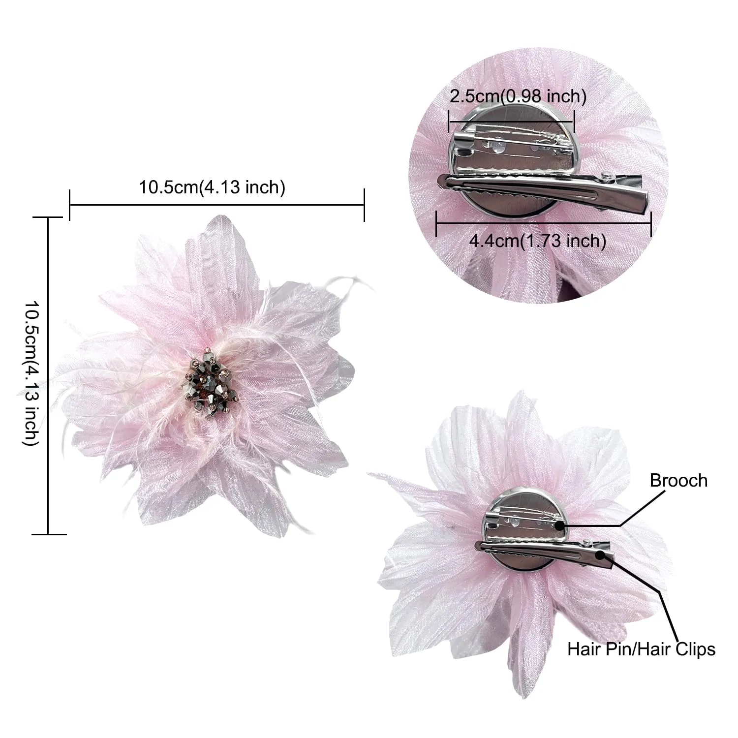 Women's Brooches 4pcs Organza Flower Feather Hair Clip Dancer Pin up Mexican Hair Flowers Clips Hairpin Brooch Tea Party Hats Headpieces Cotume Decor (pink)