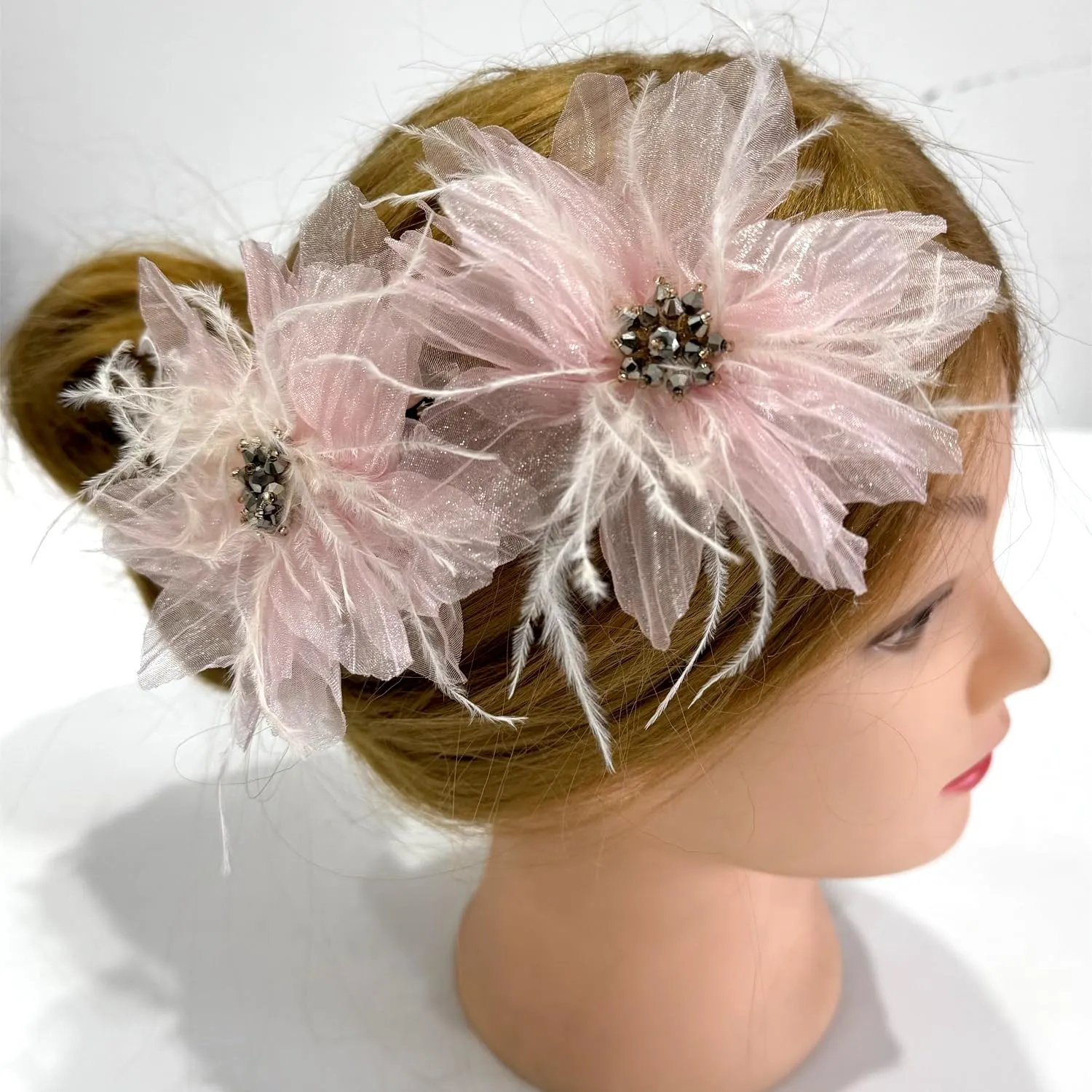 Women's Brooches 4pcs Organza Flower Feather Hair Clip Dancer Pin up Mexican Hair Flowers Clips Hairpin Brooch Tea Party Hats Headpieces Cotume Decor (pink)