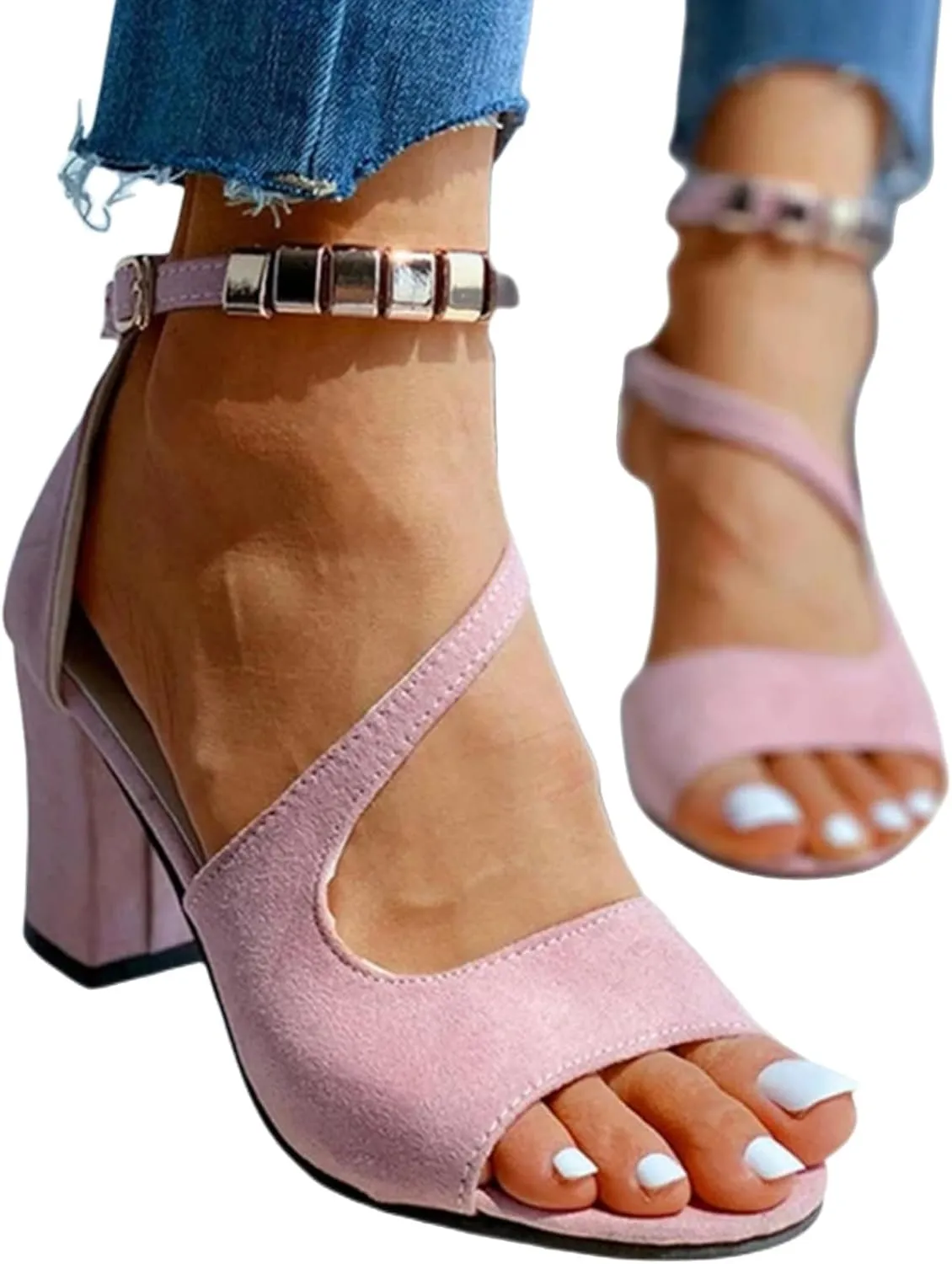 Women's Open Toe Ankle Strap Low Block Chunky Heels Sandals Fashion Fish Mouth Thick Heel Design Party Dress Wedding Pump Shoes Indoor Outdoor for Summer