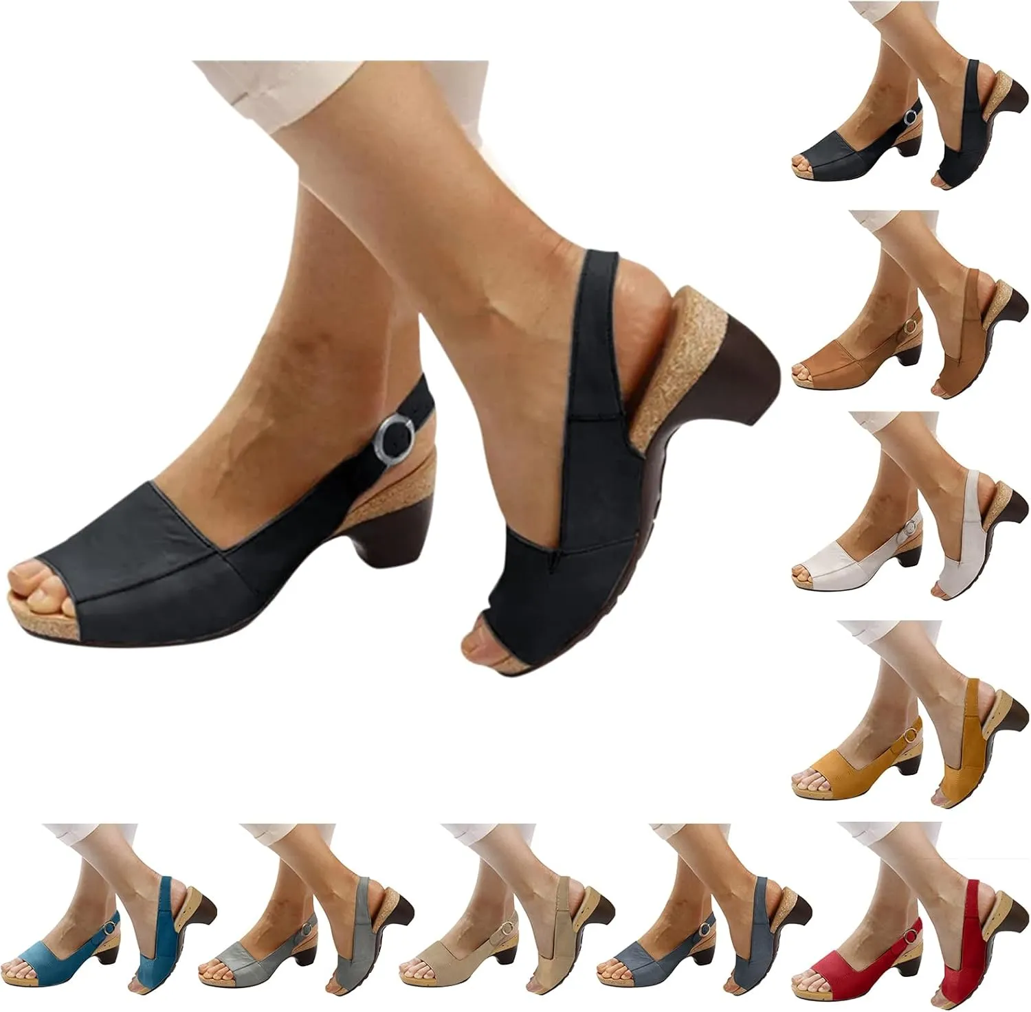 Womens Orthopedic Sandals Fashion Low Heel Wedge Sandals Lightweight Non Slip On Sandal Ladies Fashion Elegant Dance Shoes with Strappy Ankle Strap Metal Buckle