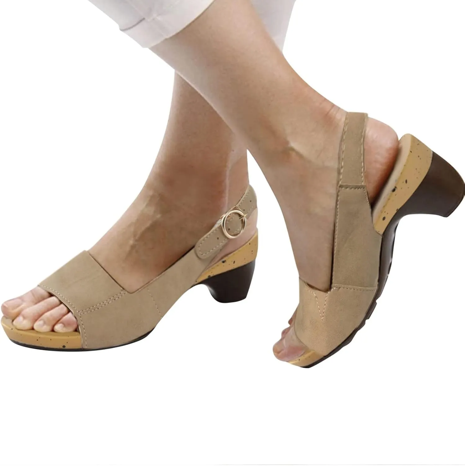 Womens Orthopedic Sandals Fashion Low Heel Wedge Sandals Lightweight Non Slip On Sandal Ladies Fashion Elegant Dance Shoes with Strappy Ankle Strap Metal Buckle