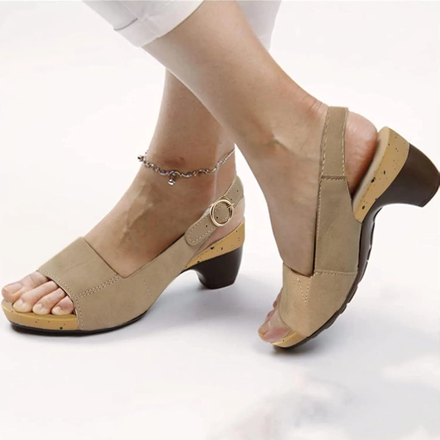 Womens Orthopedic Sandals Fashion Low Heel Wedge Sandals Lightweight Non Slip On Sandal Ladies Fashion Elegant Dance Shoes with Strappy Ankle Strap Metal Buckle