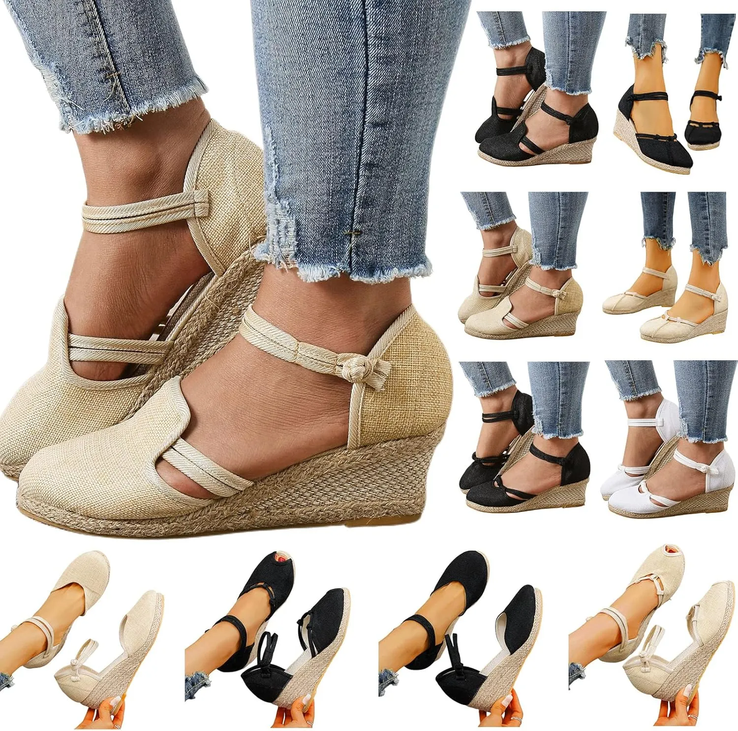 Womens Wedge Sandals Dressy Summer Women's Ankle Strap Closed Toe Espadrille Wedge Sandals Closed Toe Breathable Non Slip Espadrille Shoes Indoor Outdoor