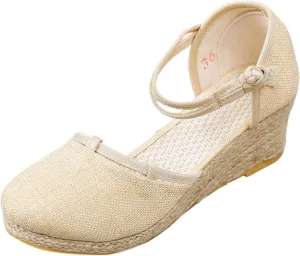 Womens Wedge Sandals Dressy Summer Women's Ankle Strap Closed Toe Espadrille Wedge Sandals Closed Toe Breathable Non Slip Espadrille Shoes Indoor Outdoor