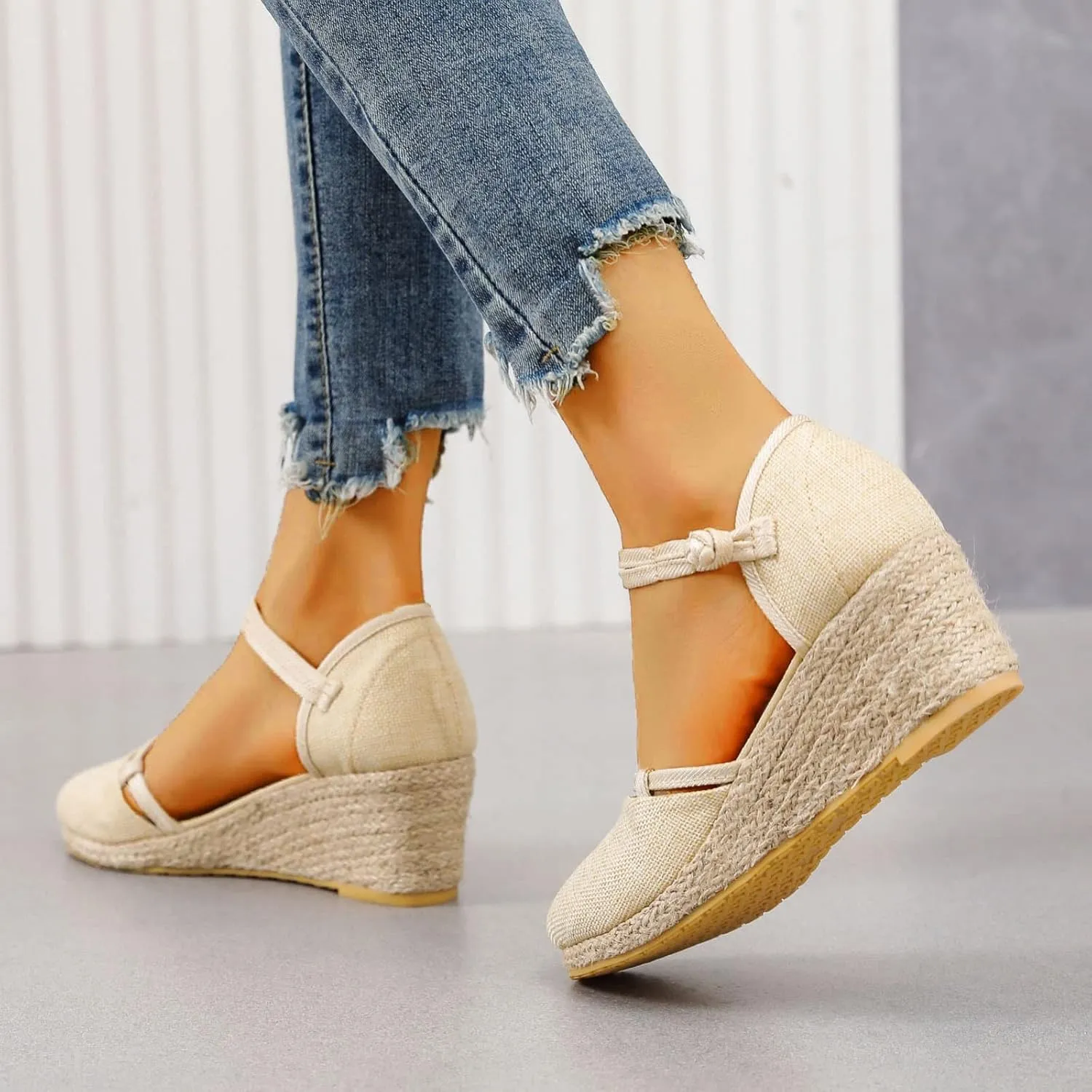 Womens Wedge Sandals Dressy Summer Women's Ankle Strap Closed Toe Espadrille Wedge Sandals Closed Toe Breathable Non Slip Espadrille Shoes Indoor Outdoor