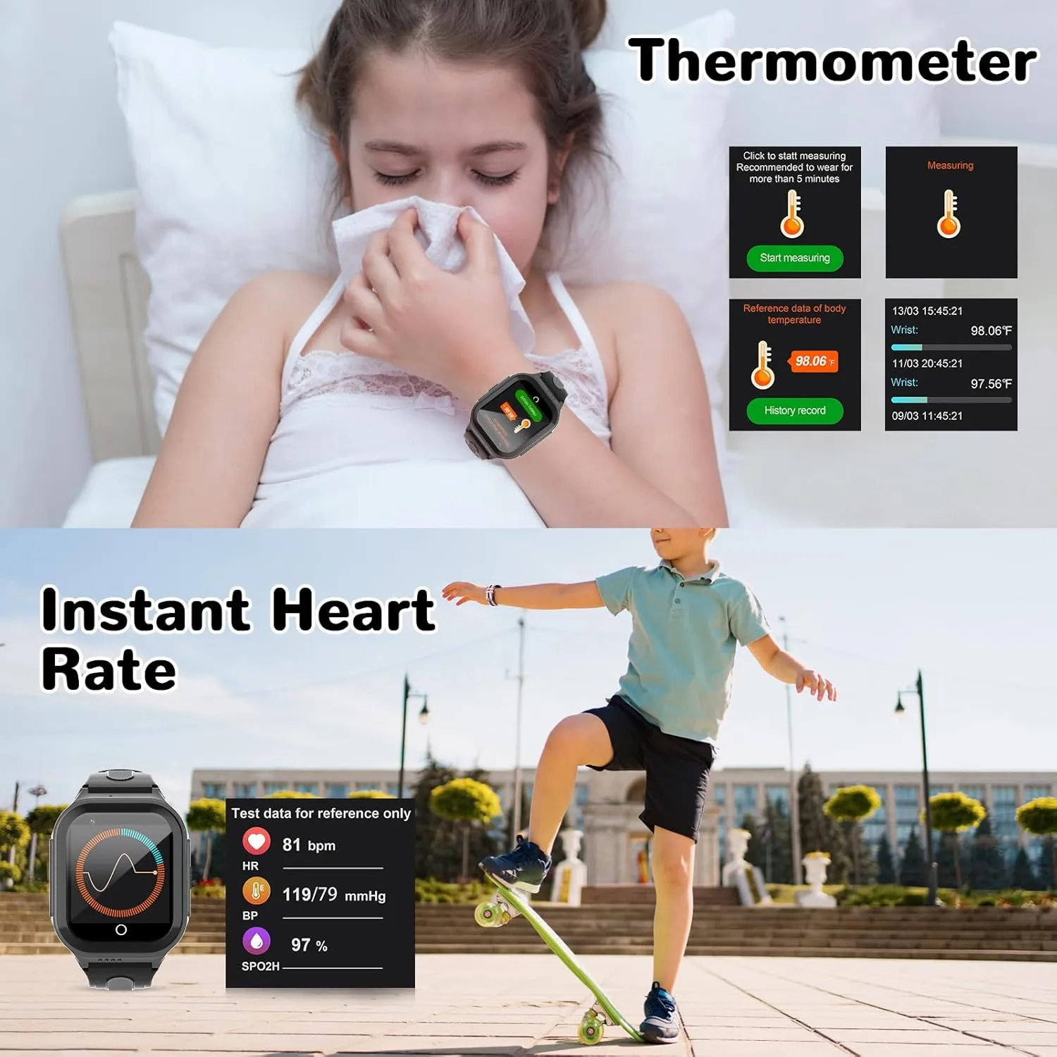 Wonlex Newest 4G Kids Smartwatch with SIM Card, 1.4" GPS Smart Watch for Kids, Boys Girls Phone Watch With Temperature HR BP Monitor, Video Calls, SOS, Camera, Pedometer, Alarm, Music Player