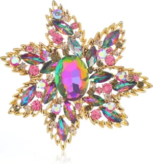 YOQUCOL Vintage Austrian Crystal Rhinestone Flower Shape Big Large Brooch Pin for Women Grils Gold Tone
