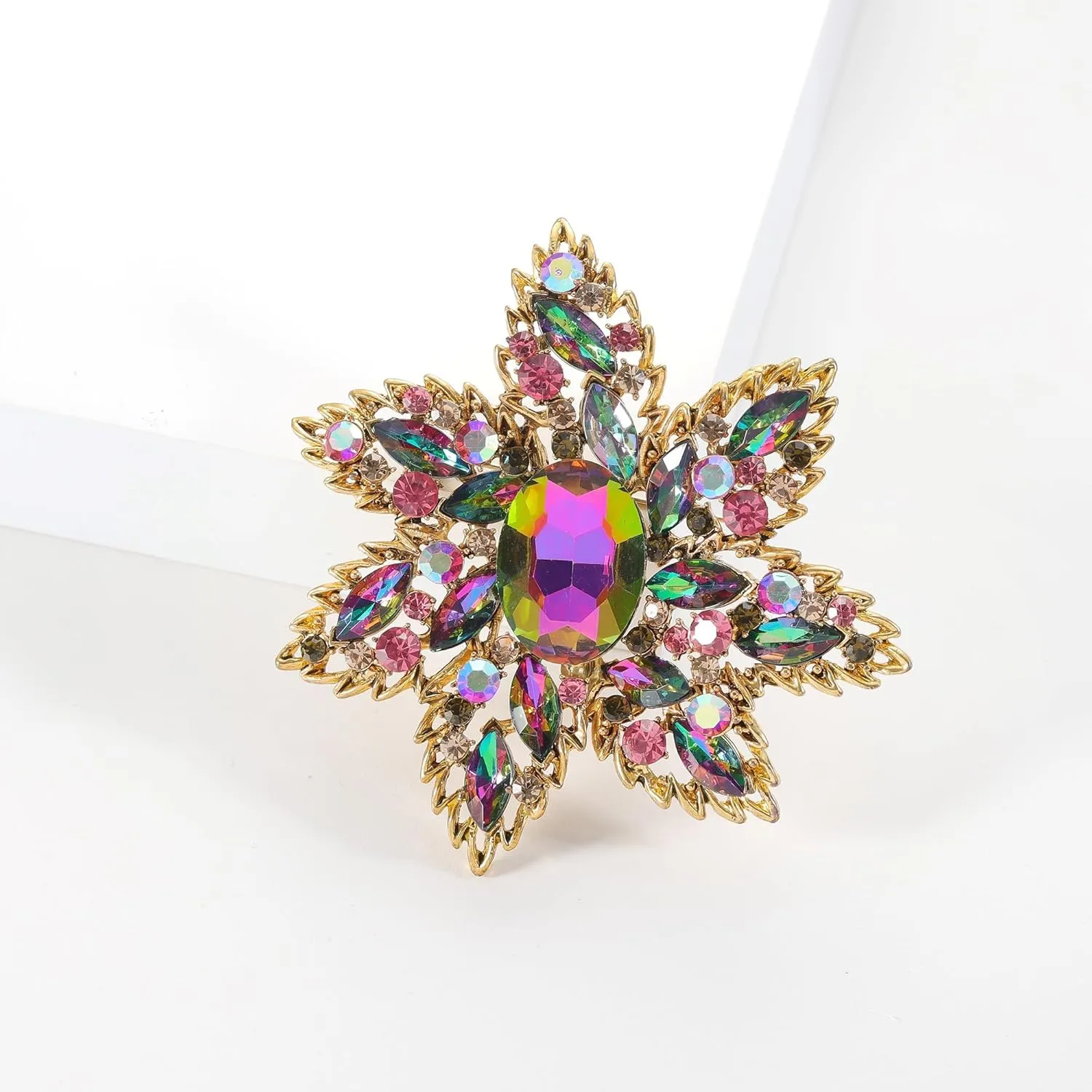 YOQUCOL Vintage Austrian Crystal Rhinestone Flower Shape Big Large Brooch Pin for Women Grils Gold Tone