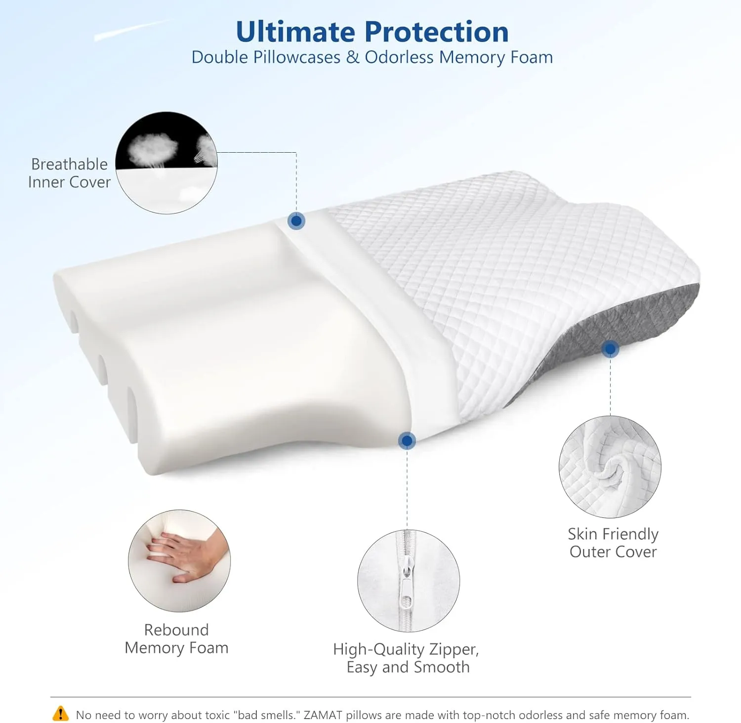ZAMAT Memory Foam Pillow for Neck Pain Relief, Adjustable Ergonomic Cervical Pillow for Sleeping, Orthopedic Neck Pillow with Washable Cover, Bed Pillows for Side, Back, Stomach Sleepers