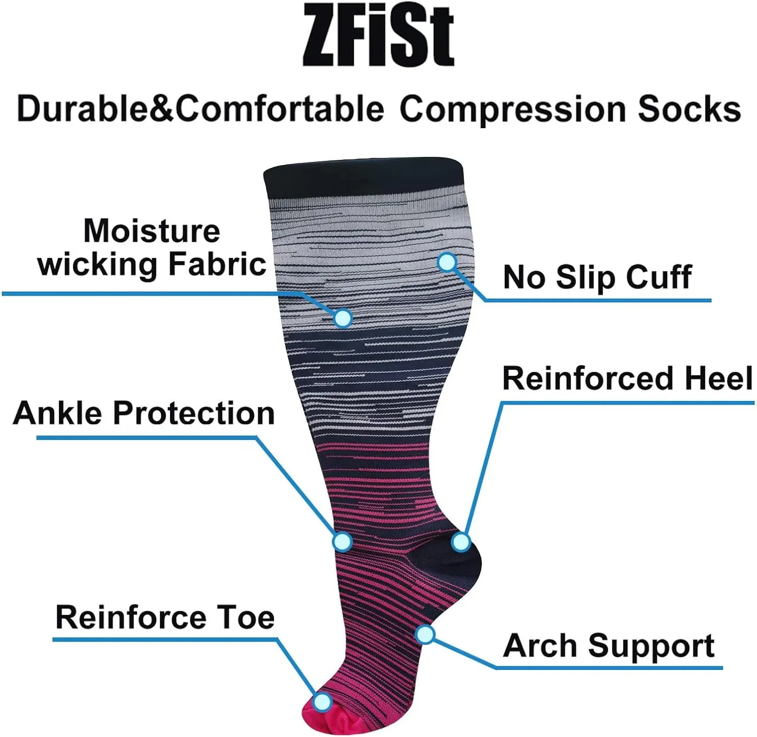 ZFiSt Plus Size Compression Socks Wide Calf for Women Men,Sport Compression Stocking Nurse Socks